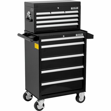 GLOBAL INDUSTRIAL 26-3/8in x 18-1/8in x 52-9/16in 11 Drawer Black Roller Cabinet & Chest Combo 535490